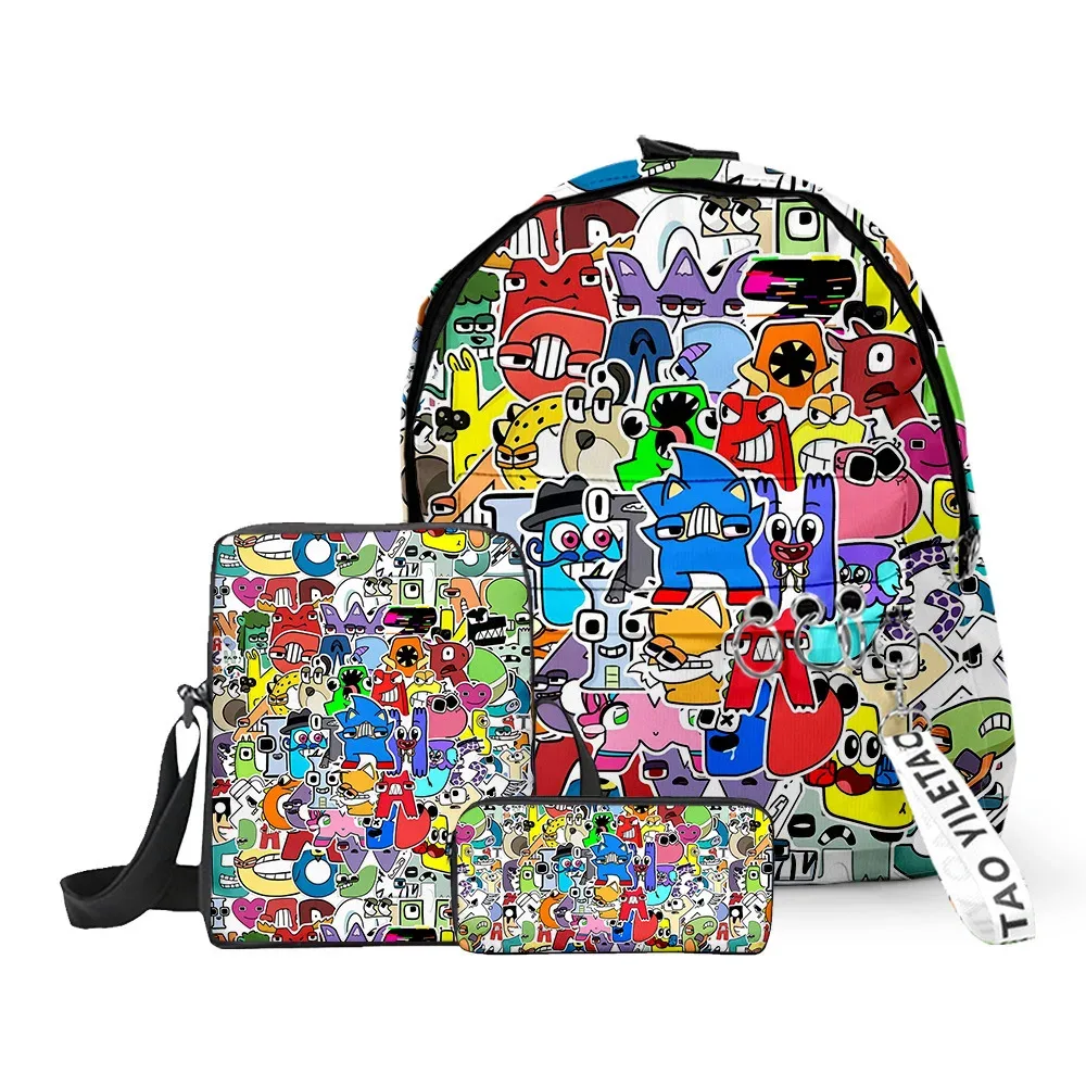 sacs d'école classiques populaires alphabet lore imprimés en 3d, 3 pièces/ensemble, sac à dos pour ordinateur portable, sac à bandoulière incliné, trousse à crayons