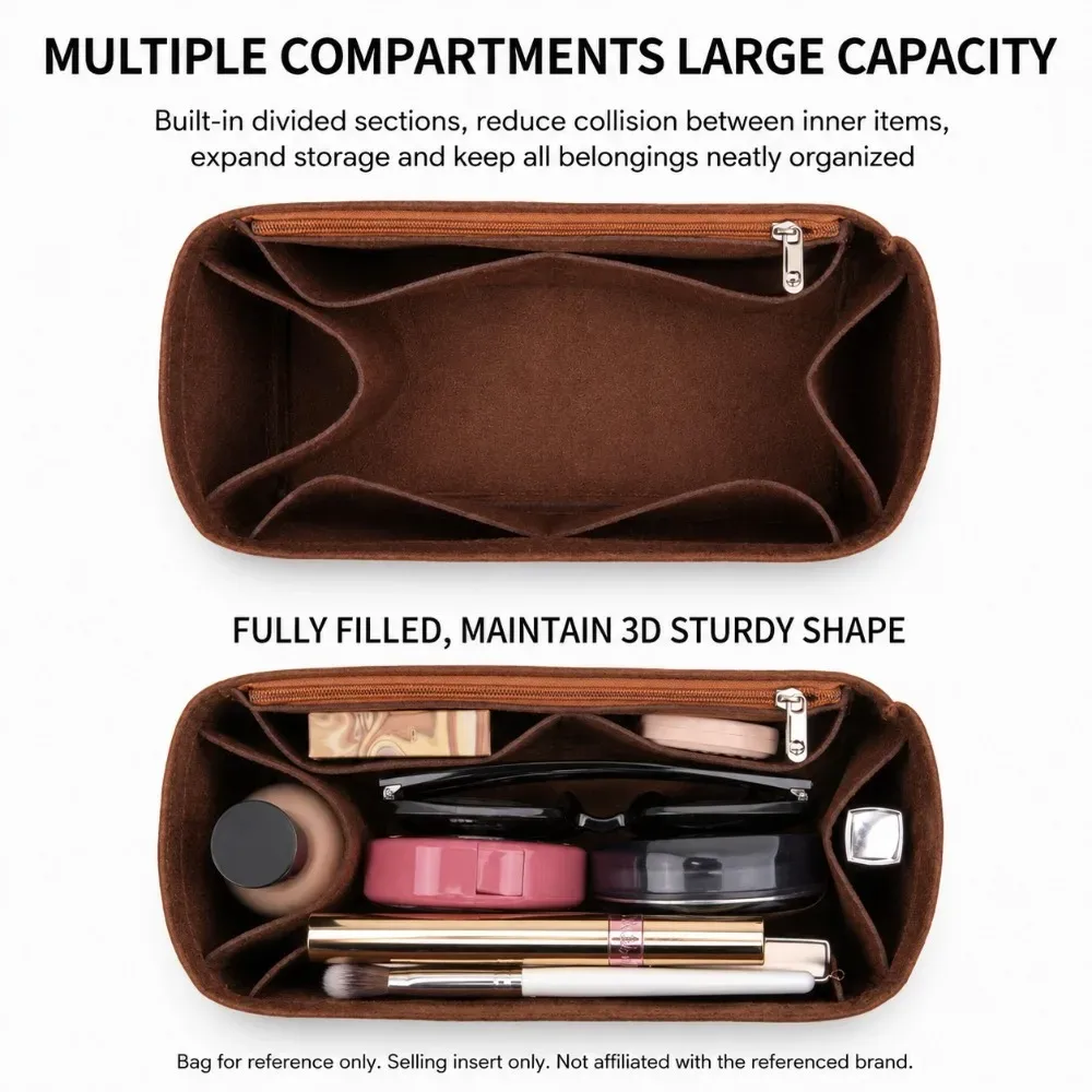 organisateur de sac à main en feutre marron avec poche zippée, doublure multi-compartiments pour sac fourre-tout, pour le travail, les voyages, le rangement (sac non inclus)