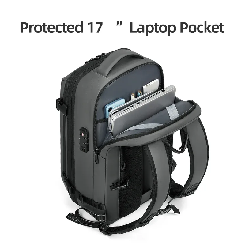 sac à dos de voyage pour hommes, sac à dos à compression sous vide pour ordinateur portable 17 pouces, sac à dos d'affaires de grande capacité, sac à dos de camping extensible, sac à dos de randonnée