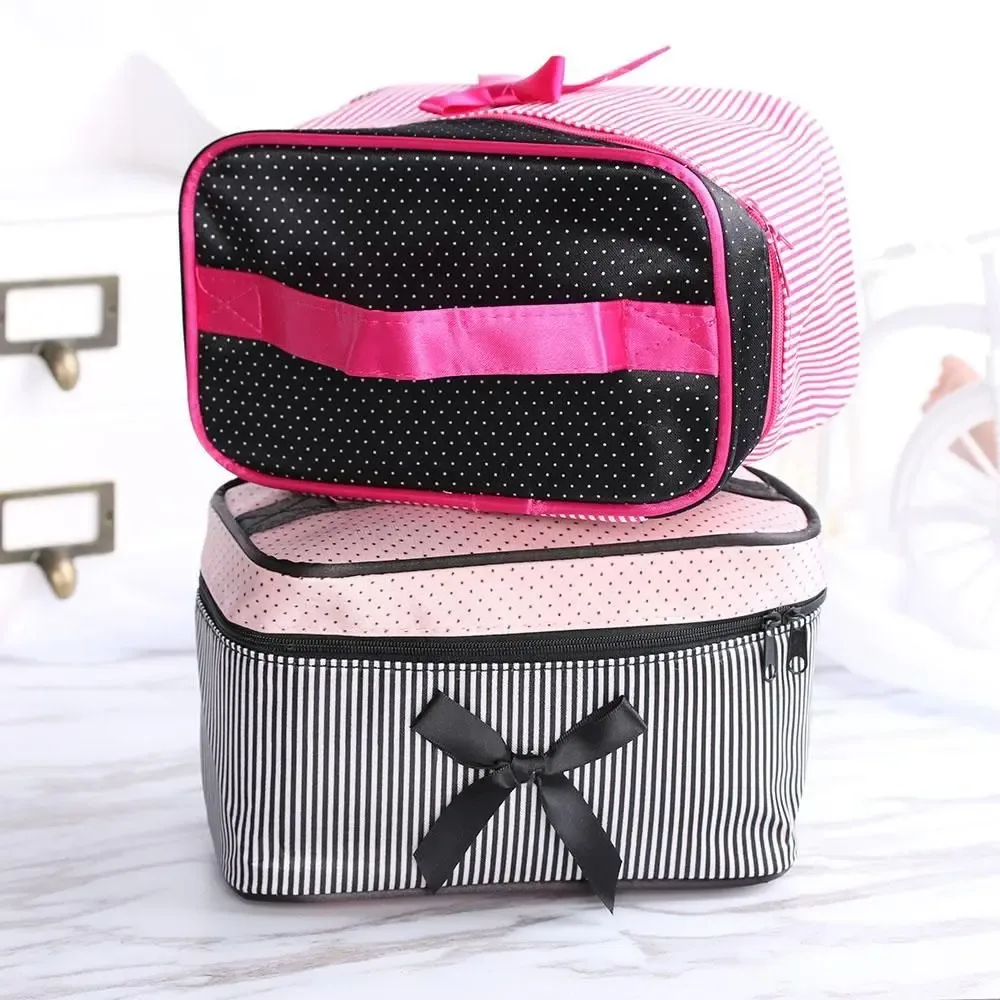 trousse de toilette portable mignonne à rayures et nœud, sac de rangement pour cosmétiques, sac à main, trousse de maquillage, étui de bain