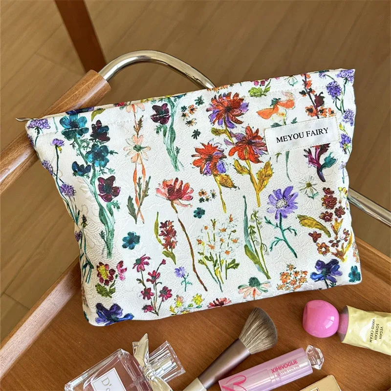 nouvelle trousse de toilette florale de style français, grande trousse de toilette en toile, organiseur de maquillage portable pour les voyages et l'usage quotidien