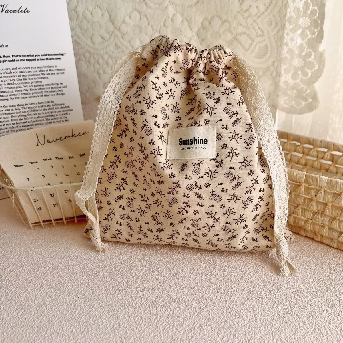 sac de rangement de voyage à proximité extérieure, sac de rangement classé, sacs à cosmétiques à fleurs imprimées, paquet de poche en ficelle de coton