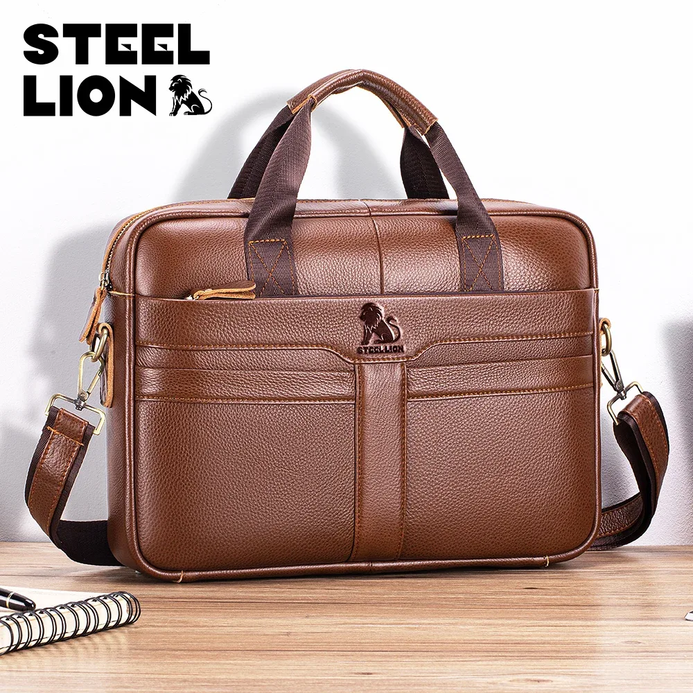 sacoche en cuir pour homme, grande capacité, sac de bureau professionnel, sac pour ordinateur en cuir de vache, peut être porté à la main ou à l'épaule.