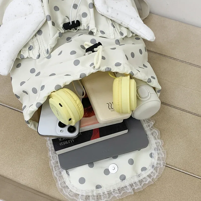 sac à dos mignon à pois avec ailes d'ange, sac à dos à cordon en dentelle, sac d'école kawaii, sac à dos de voyage décontracté, sac à bandoulière tendance