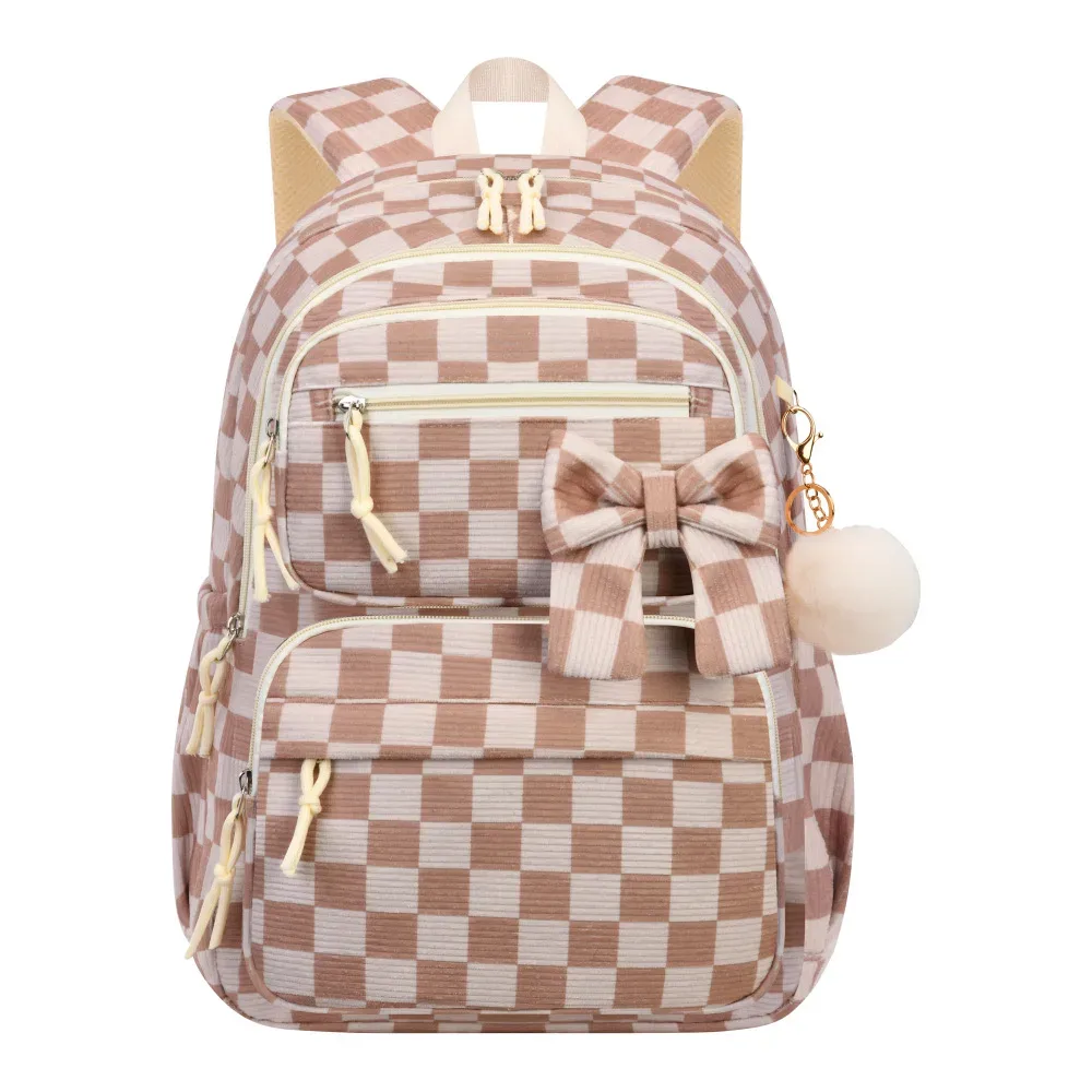 ensemble de 3 pièces : sac à dos scolaire pour filles motif cerise, sac à dos en velours côtelé pour écolière, sac à livres pour enfants, sac à déjeuner et trousse à crayons.
