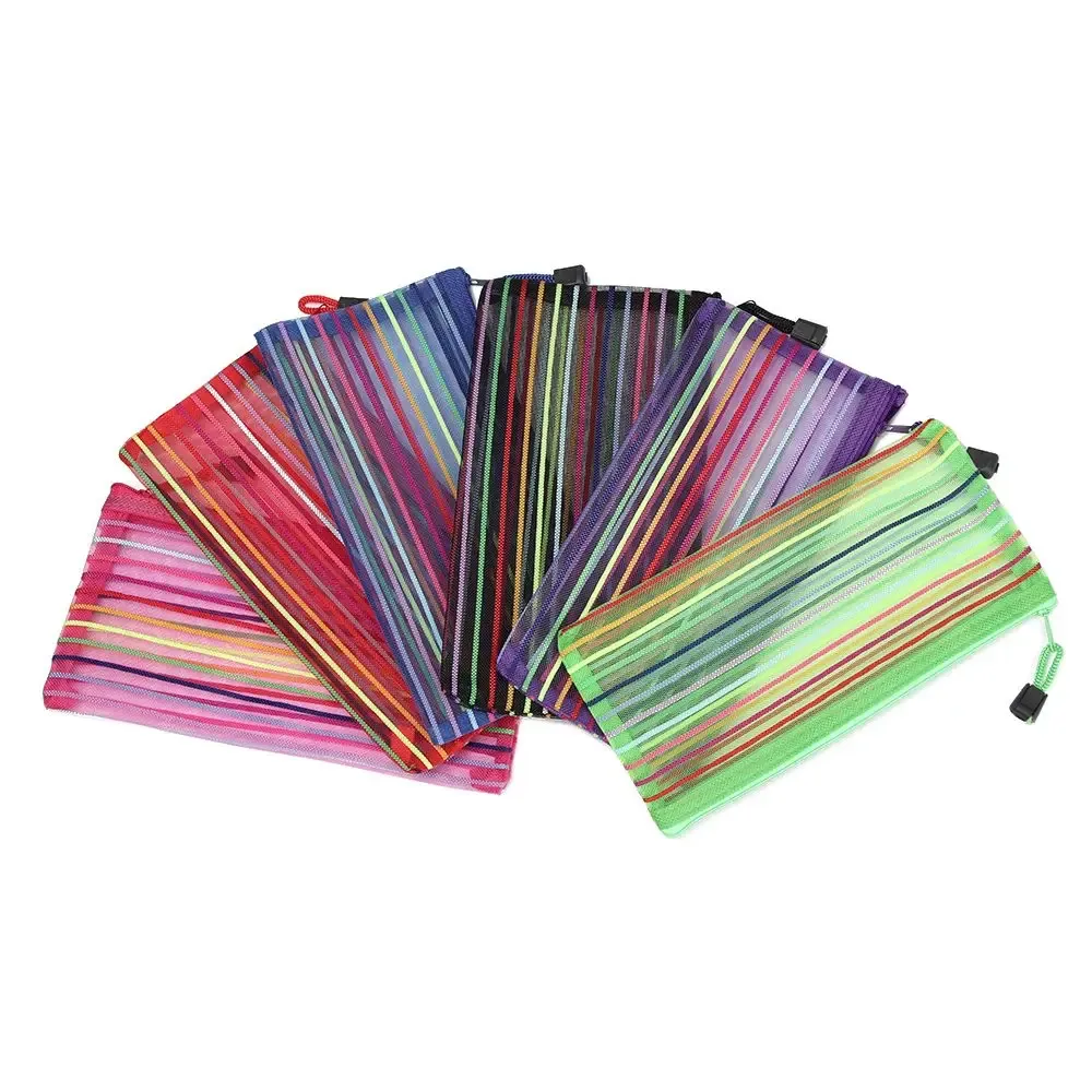 1pc mode couleur unie cosmétique arc-en-ciel couleur nylon maquillage maille stylo sac grille fermeture éclair trousse à crayons stockage cosmétique