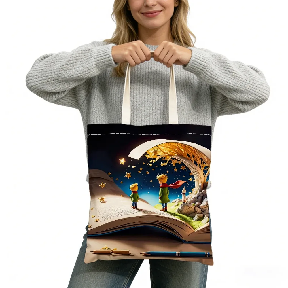 sac fourre-tout imprimé double face sans fermeture éclair, star boy cute fox cosmic rose, 40x45 cm, sac à bandoulière pour usage quotidien, shopping, apprentissage, extérieur