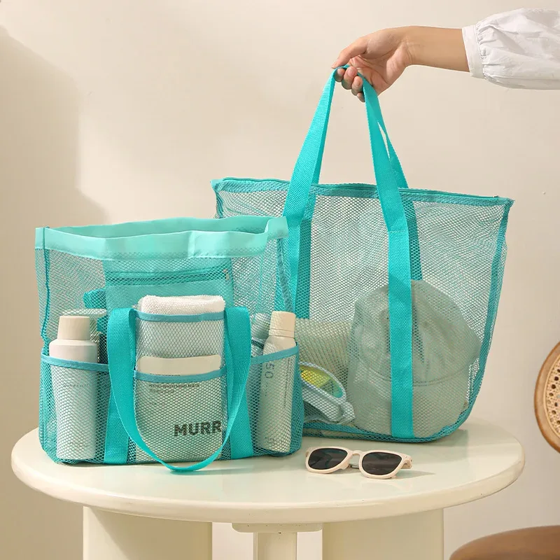 sac de plage en maille grande capacité avec poignées, sac de rangement ajouré pour voyages en bord de mer, serviettes, chaussons et courses