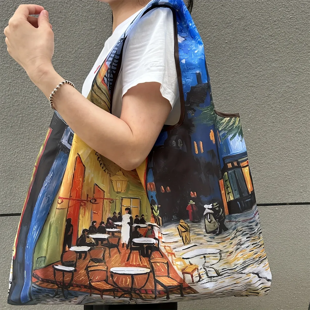 sac de shopping pliable, motif vintage van gogh café terrace, réutilisable, imperméable, grand sac fourre-tout, sac à main portable pour courses, cadeau pour femmes