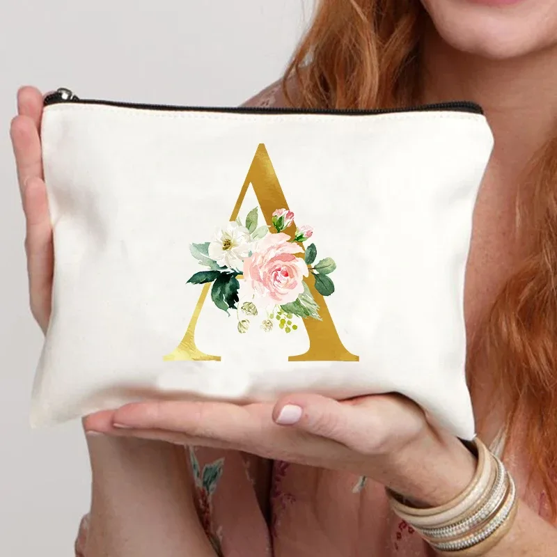 sac à fermeture éclair à motif initial pour femme, trousse de maquillage cosmétique, poudres de toile de bain de mariage, sacs de rouge à lèvres de voyage, cadeau de fête d'enterrement de vie de jeune fille