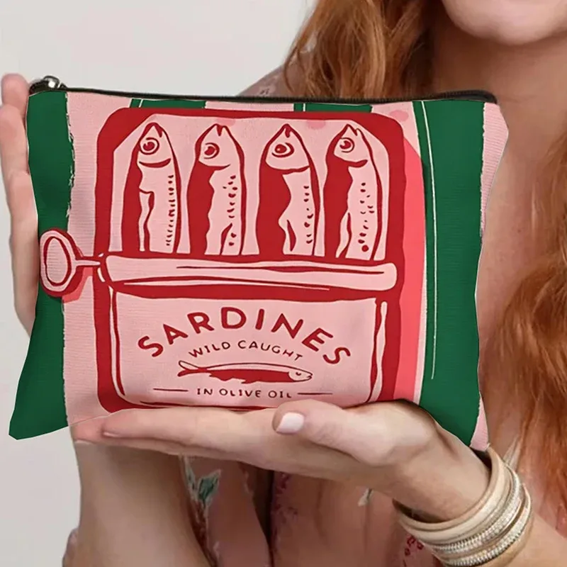 sac à cosmétiques en toile vintage, trousse de maquillage simple de grande capacité, pochette de voyage pour femmes, trousse de toilette rétro, design d'huile d'olive de sardines