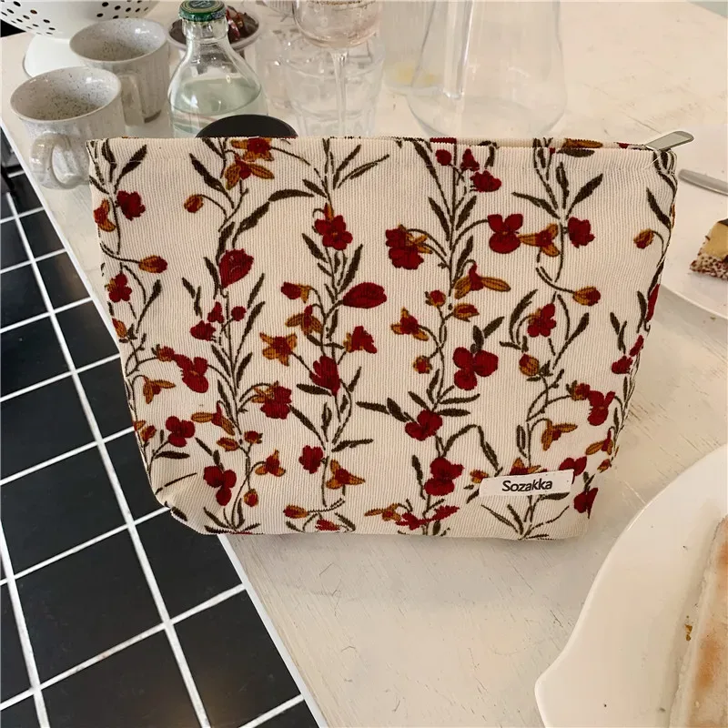 trousse de maquillage portable en velours côtelé pour femme, sac de rangement pour téléphone portable, trousse de maquillage pour fille, poudres, fleur vintage, voyage