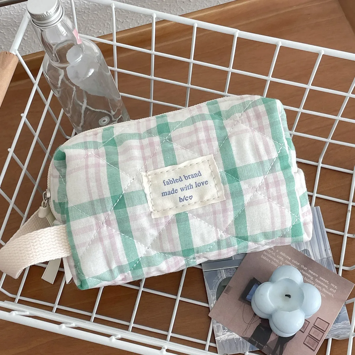sac à cosmétiques vintage à fleurs pour femmes, pochette à carreaux mignonne, trousse de maquillage de voyage, petits sacs à main matelassés en coton à fleurs