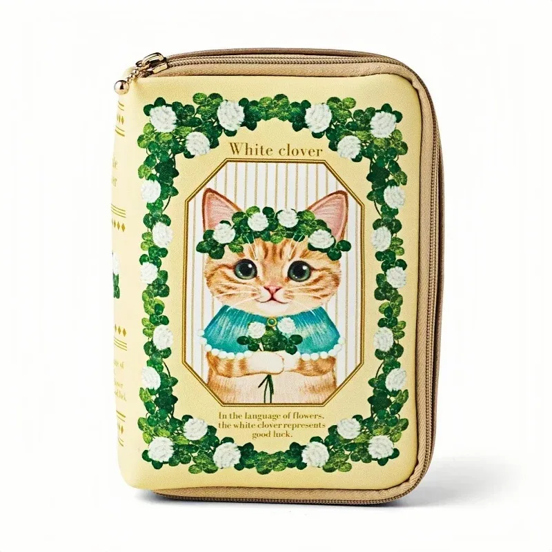 trousse de maquillage en forme de livre, motif chat et plante, sac de rangement créatif