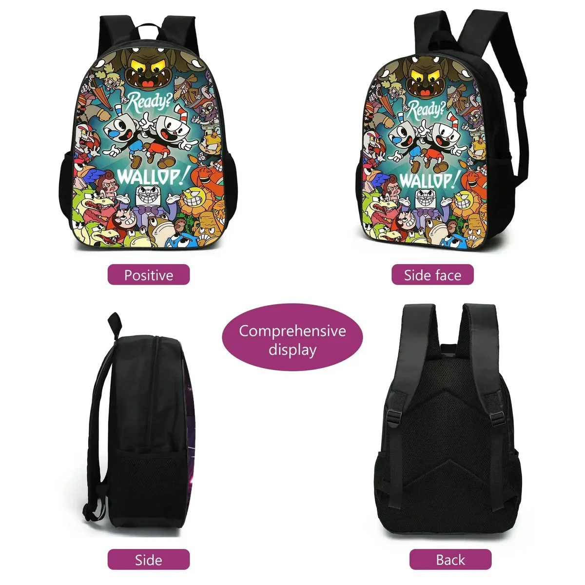 cuphead anime 3 pièces/ensemble sac à dos étudiant école sac à bandoulière enfants mignon voyage sac à dos enfants cadeau d'anniversaire