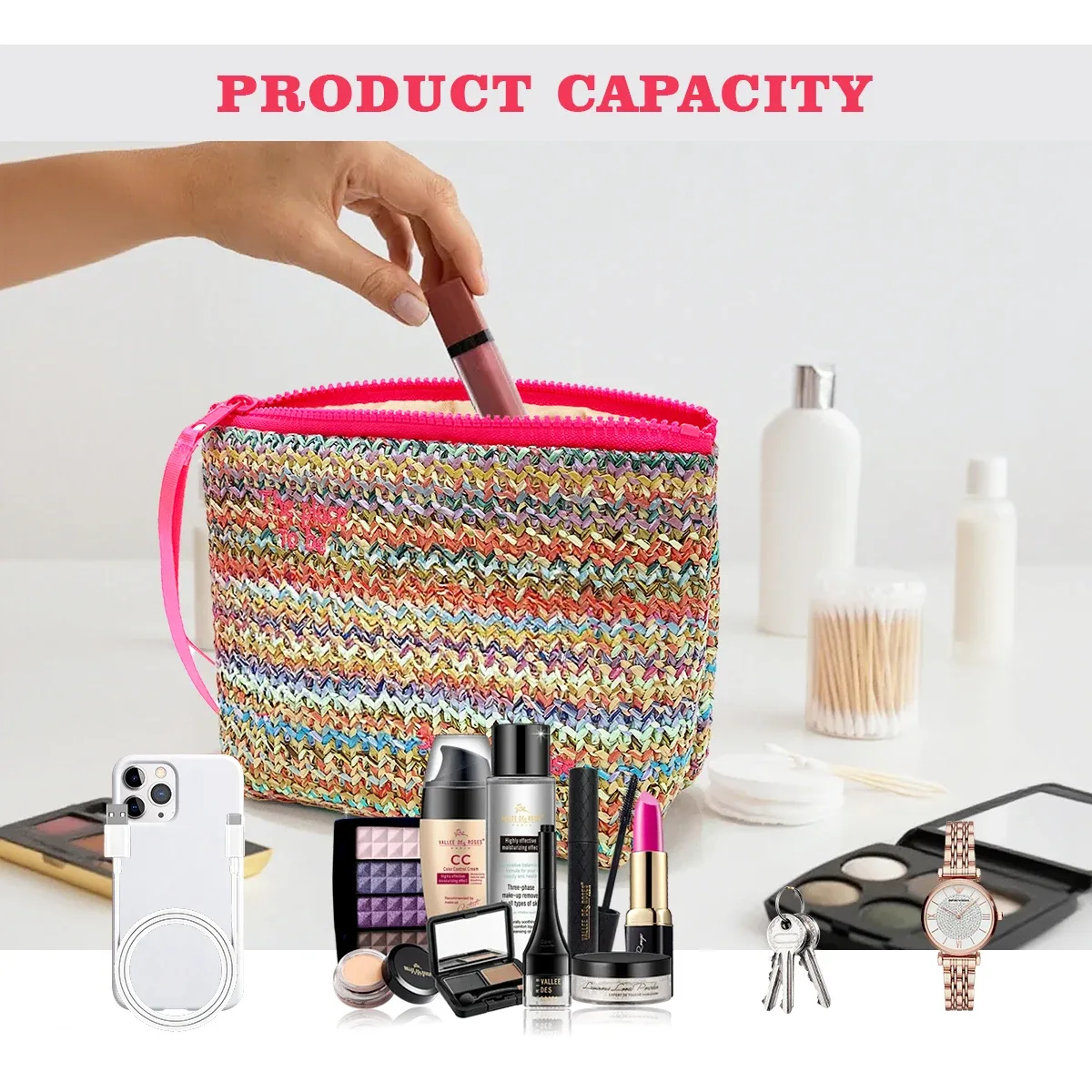 trousse de maquillage en paille, pochette de toilette à la mode, pochette, sac de rangement de cosmétiques, organisateur de voyage avec étiquettes et étiquettes