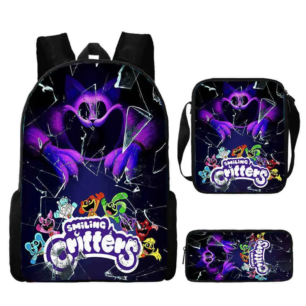 ensemble de sac à dos d'école smiling 3d critters avec sac à crayons, sacs initiés, grande capacité, dessin animé, jeu d'amine, sac à dos pour enfant, 3 pièces