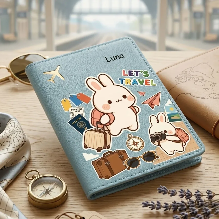 housse de passeport à motif de lapin de dessin animé mignon, personnalisable avec nom et texte, rangement pour livre de passeport, accessoire de voyage, sac de passeport