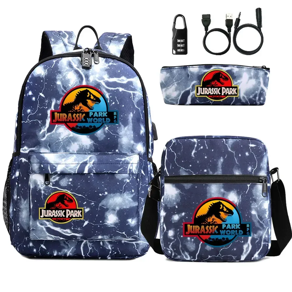 dinosaure jurassic park world 3 pièces usb antivol serrure garçon fille enfants école livre sacs voyage sac à dos sac à bandoulière stylo sac