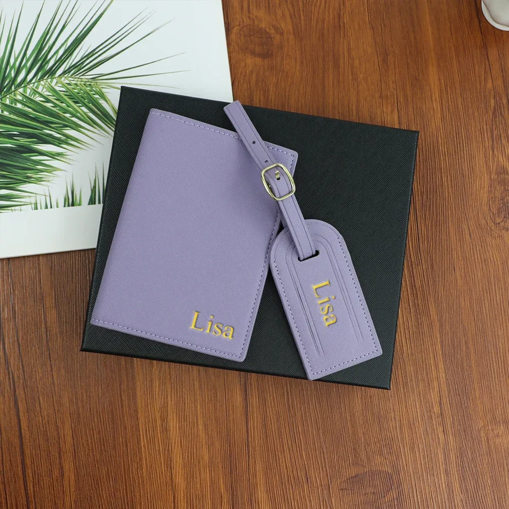 ensemble personnalisé avec nom, porte-passeport et étiquette de bagage en cuir pu safiano unisexe, coffret cadeau