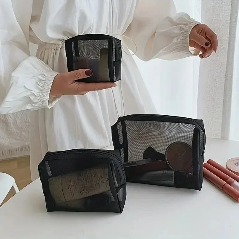 sac à cosmétiques en maille pour femmes, rangement de voyage, sac de maquillage, organisateur, pochette de maquillage portable, petite et grande trousse de toilette et de beauté
