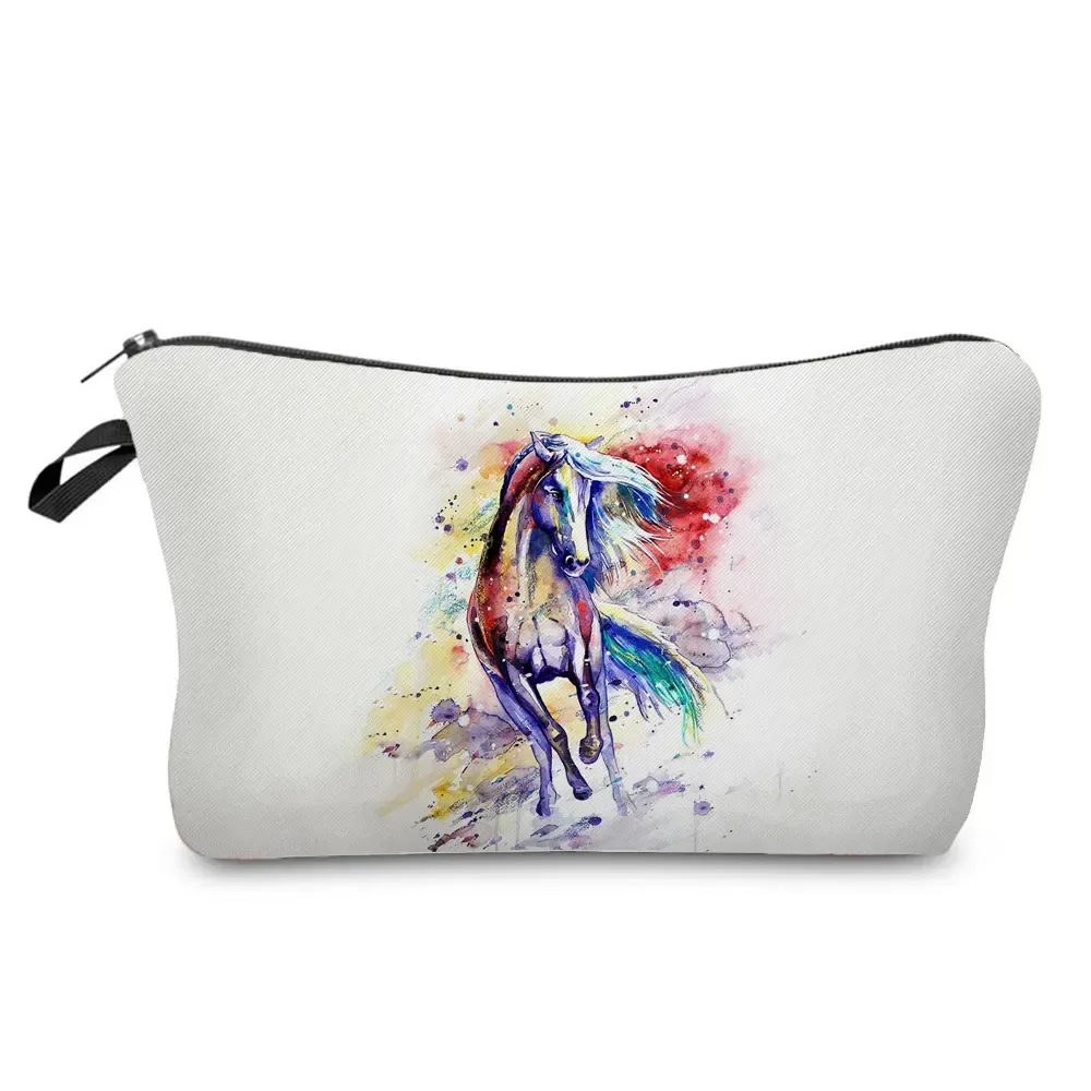 sacs de maquillage imprimés cheval pour femmes, sac à cosmétiques décontracté pour filles, mini trousse de toilette écologique réutilisable de voyage, trousse à crayons pour étudiants