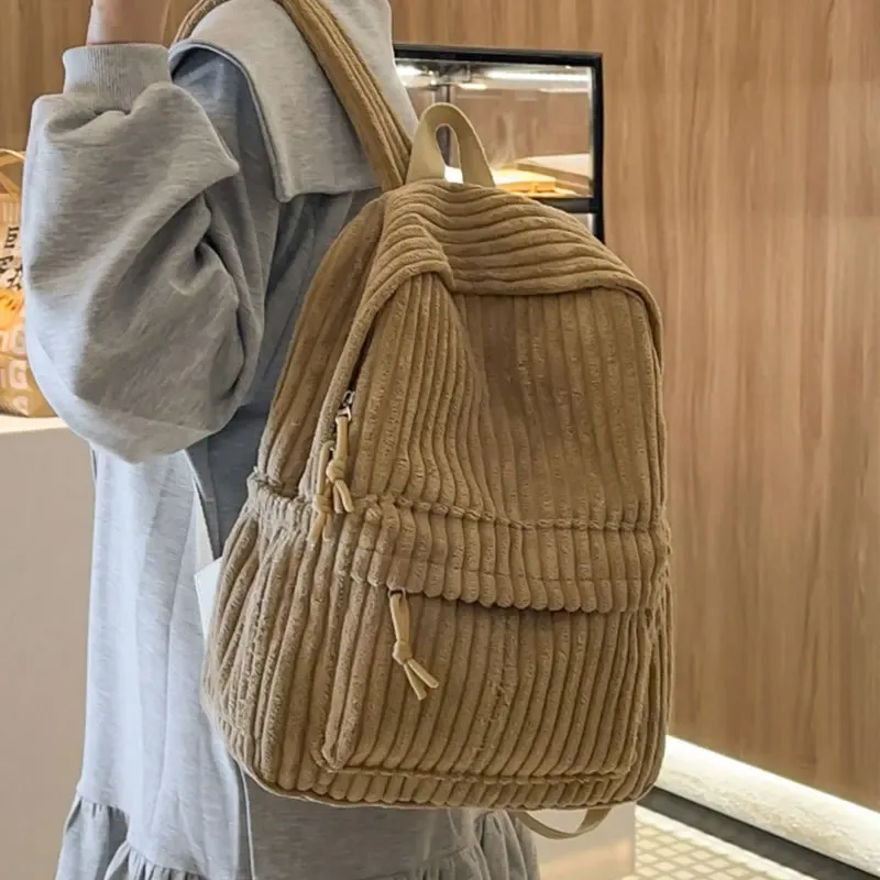 sac à dos rayé en velours côtelé pour femmes, cartable d'étudiant simple, grande capacité, rangement sur ordinateur, sac à dos de voyage pour femmes