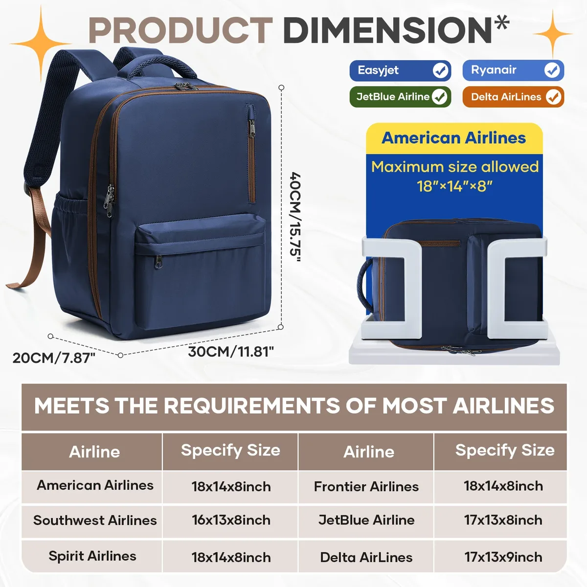 Sac à dos Ryanair 40x30x20, sac à dos de voyage en avion, bagage à main pour Easyjet, Wizz Air, ITA Airways et Volotea, sac pour ordinateur portable