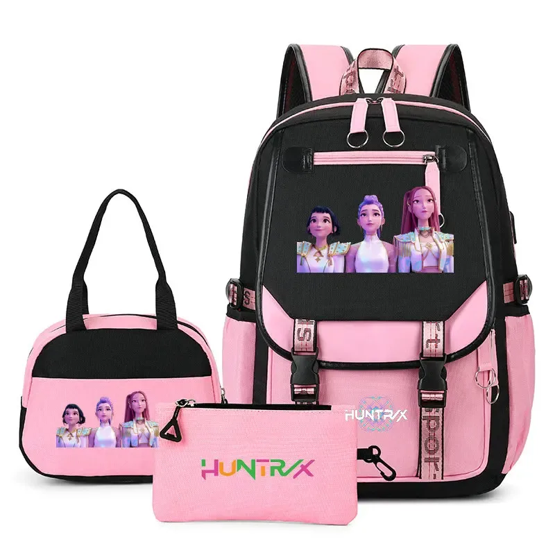 sac à dos kpop demon hunter pour adolescents, cartable de grande capacité, 3 pièces/ensemble avec sac à lunch pour femmes, étudiants, décontracté, confortable, pour voyage, mochilas