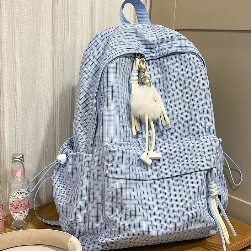 sac à dos pour femme style campus, motif écossais simple, grande capacité, décontracté, pour voyage, sac à double bandoulière en nylon, style frais et doux