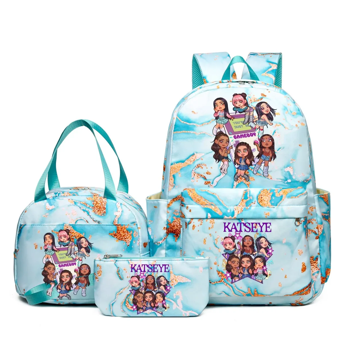 sacs à dos katseye music 3 pièces pour femmes et filles, sacs à dos de voyage et d'extérieur dégradés avec sacs à déjeuner, légers, pour adolescents, ordinateur portable, mochila