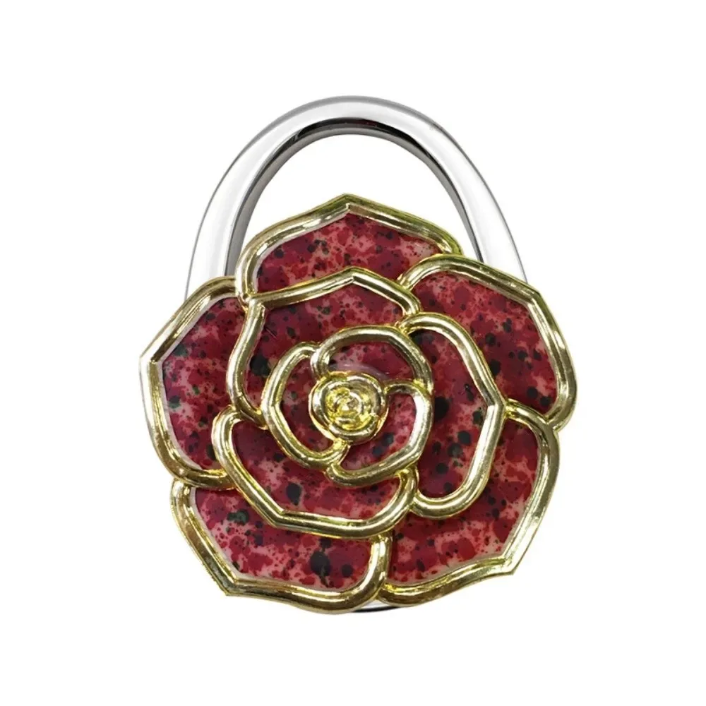 joli crochet pliable pour sac à main en forme de rose, support portable créatif pour porte-documents, support de table durable à bords dorés