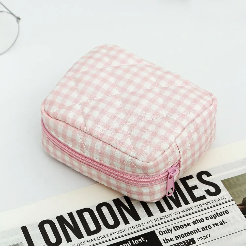 trousse de maquillage portable, design matelassé, motif à carreaux, sac de rangement pour pinceaux de maquillage, multifonctionnel avec fermeture éclair, trousse de toilette de voyage