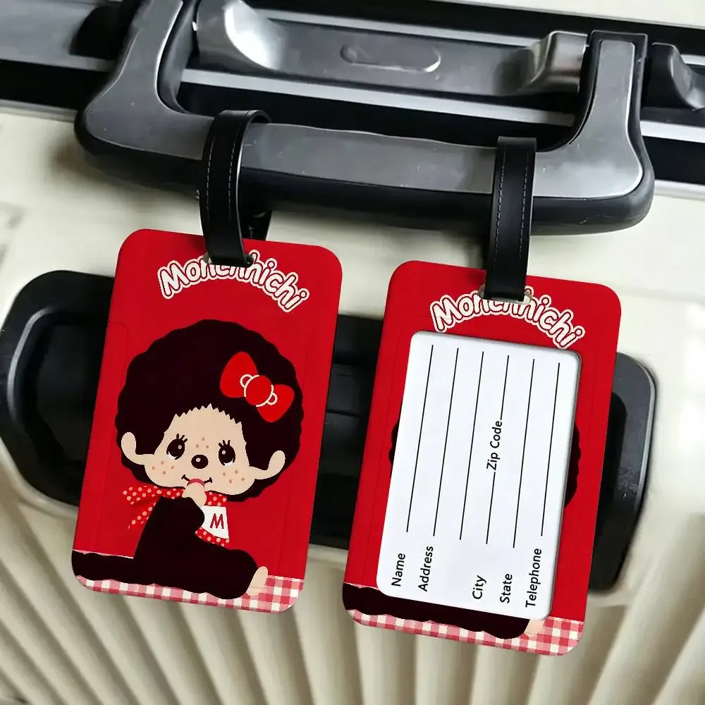 étiquette de bagage de voyage en pvc, motif dessin animé lawaii anime m-monchhichi, avec porte-carte d'informations et marqueur de nom anti-perte pour sac à dos.