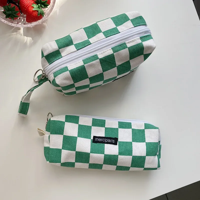 trousse de maquillage de voyage à carreaux, sac de rangement cosmétique, sacs à main pour femmes, portefeuille, étuis à crayons scolaires mignons, sacs en poudre, mode coréenne