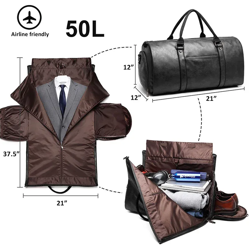 costume vêtement sac à bandoulière en cuir pu grande capacité bagages de voyage sacs à main d'affaires pliable convertible fourre-tout hommes sacs
