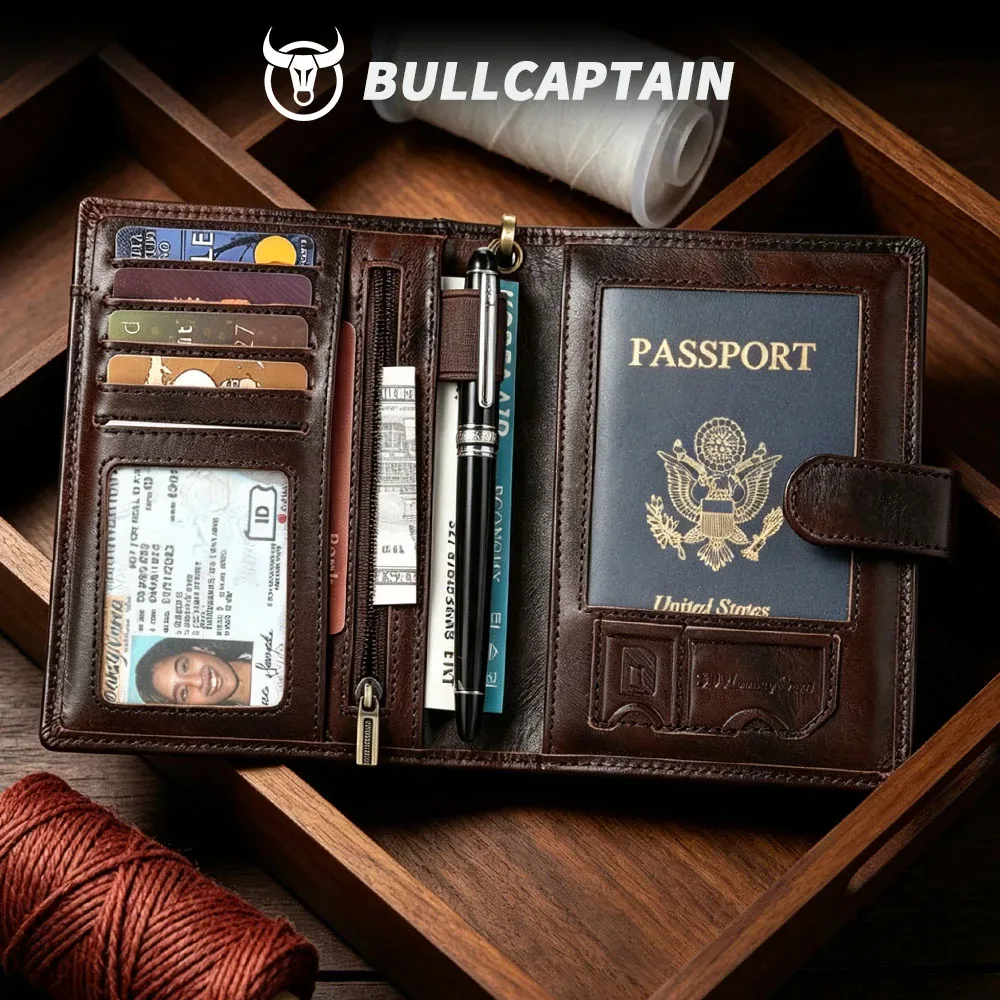 bullcaptain portefeuille de voyage en cuir véritable pour homme et femme, porte-passeport, porte-cartes, porte-monnaie, avec protection rfid