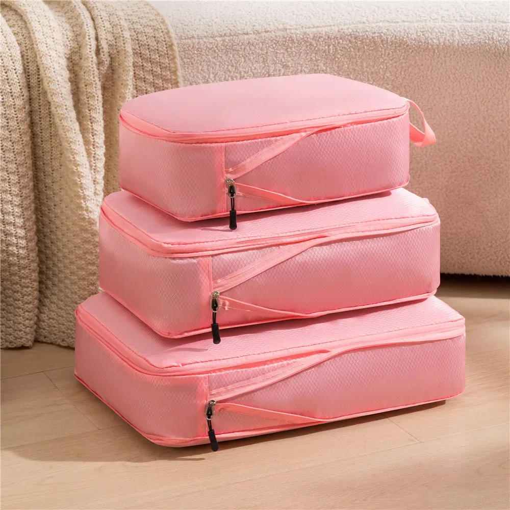 3 pièces/ensemble voyage emballage compressible multifonction sac de rangement de voyage valise étanche en nylon portable organisateur de bagages rose