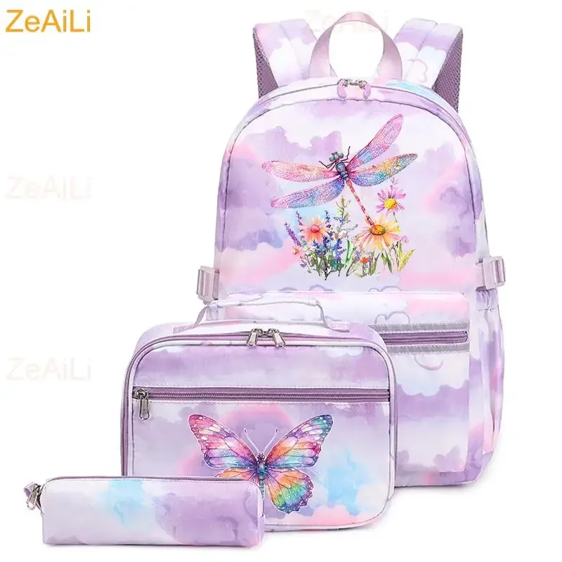 lot de 3 sacs à dos mignons pour étudiants et adolescents, motif patte de chien et chat, couleur violette, avec sac à déjeuner, sac de voyage coloré, sacs d'école pour garçons et filles, ensembles de mochilas