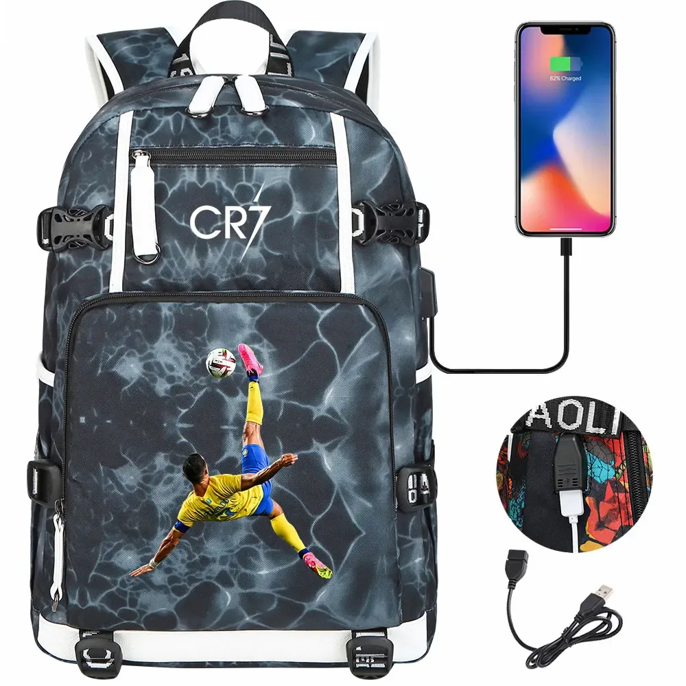 football star cr7 usb adolescents étudiant cartable femmes hommes ordinateur portable voyage sport sac à dos fille garçons enfants retour à l'école livre sacs
