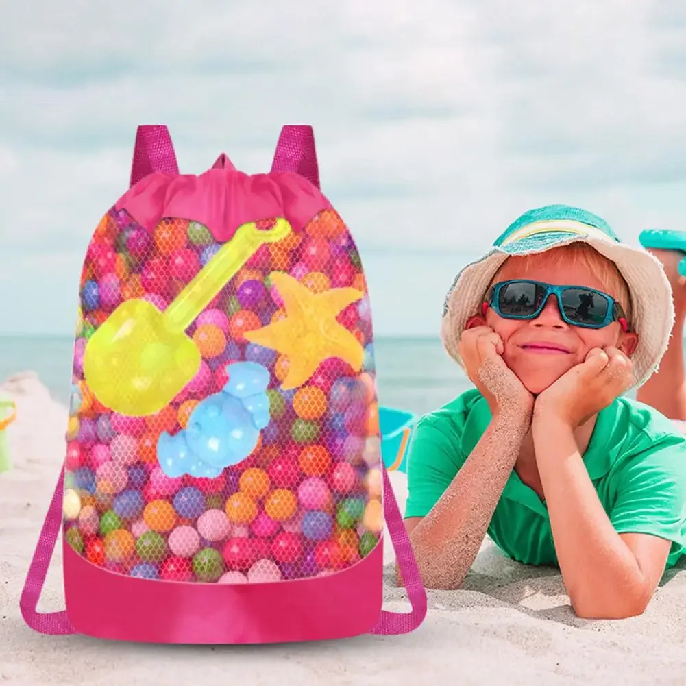 grand sac de plage en filet pour enfants, sac à dos pliable pour jouets de sable, sacs de rangement pour piscine, sac fourre-tout de voyage en filet à double bretelles