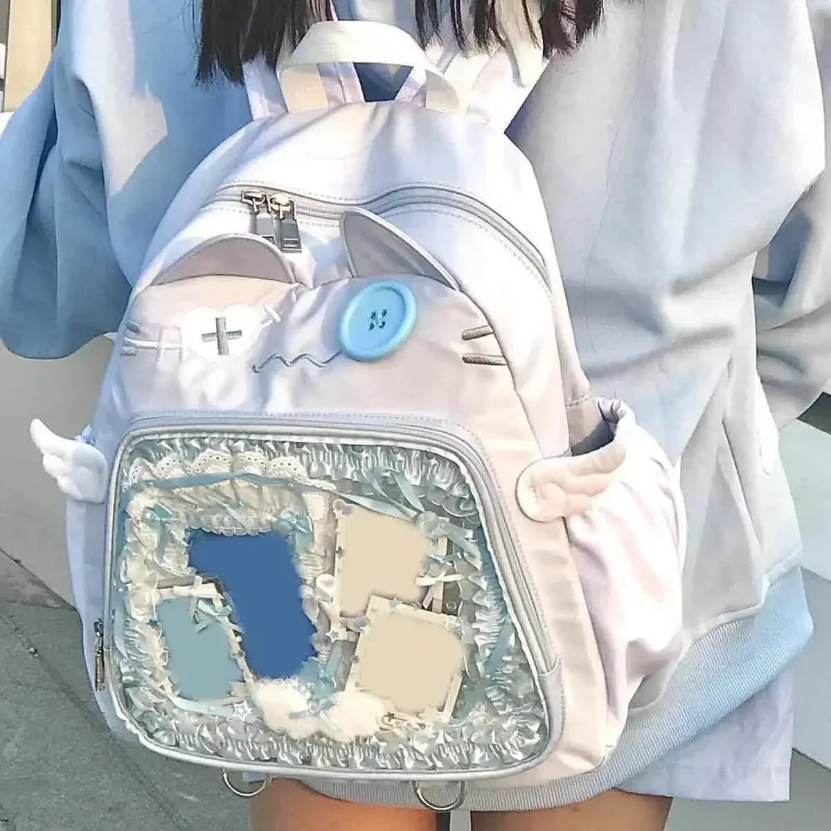sac à dos chat mignon pour femme, sacs à dos esthétiques féminins, nylon, style japonais, mode décontractée, sac ita transparent, grande capacité