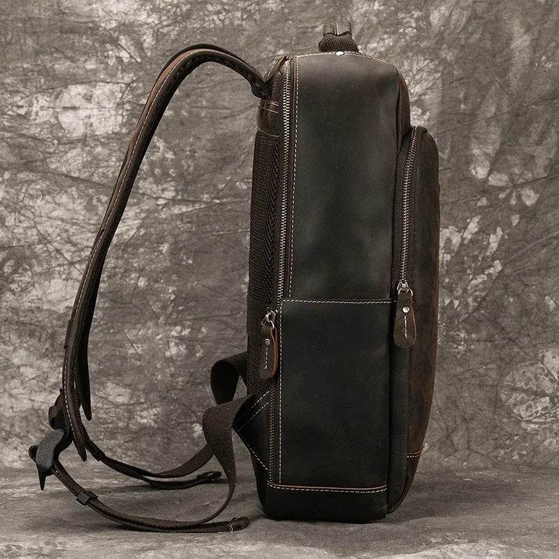 sac à dos en cuir crazy horse pour hommes, sac à dos de jour en cuir de vache pour ordinateur portable 15.6 pouces, sac à dos de voyage de grande capacité avec câble usb