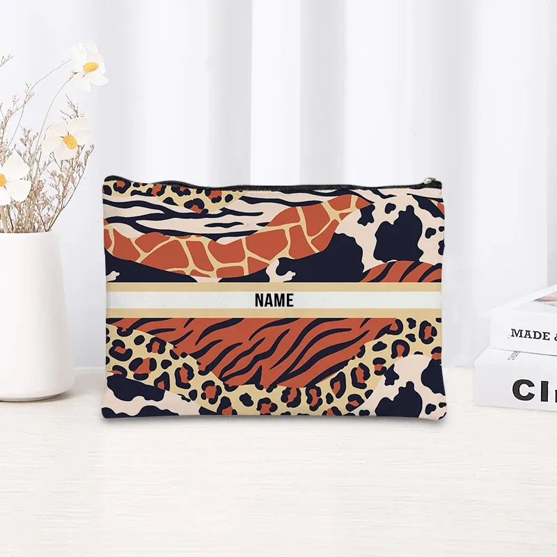 trousse de maquillage à motif léopard et tigre, trousse de toilette cosmétique essentielle pour les voyages, cadeau d'anniversaire ou de vacances avec nom personnalisé, trousse de maquillage