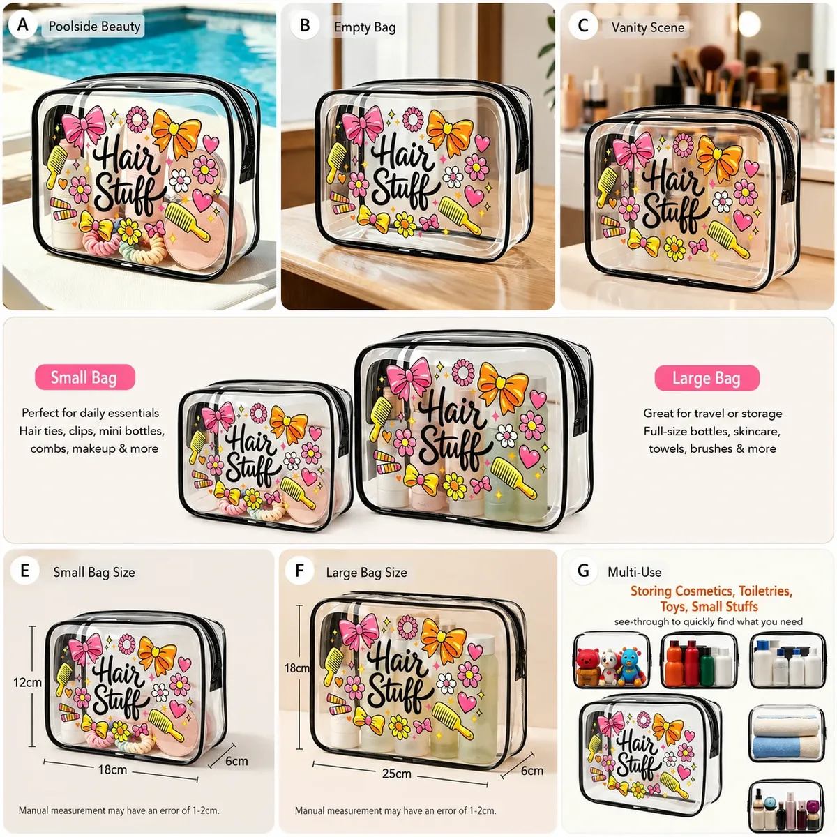 trousse de toilette transparente en pvc avec imprimé mignon pour accessoires cheveux et maquillage – organisateur de voyage