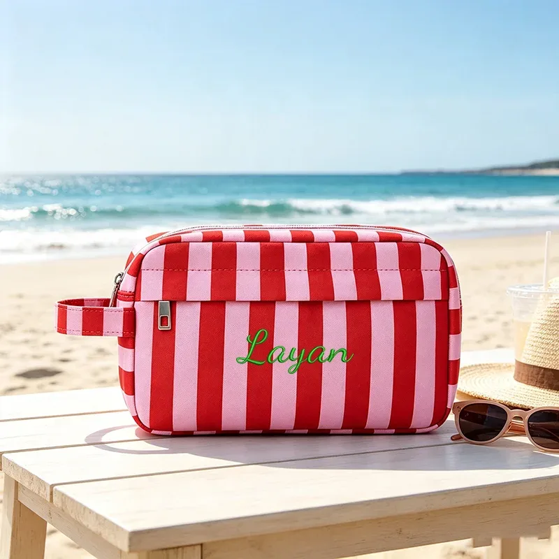 trousse de toilette rayée à double compartiment, portable pour les voyages, idéale pour les trajets quotidiens, les vacances, la plage, les fêtes, cadeaux créatifs, anniversaires, rentrée scolaire, remise des diplômes.