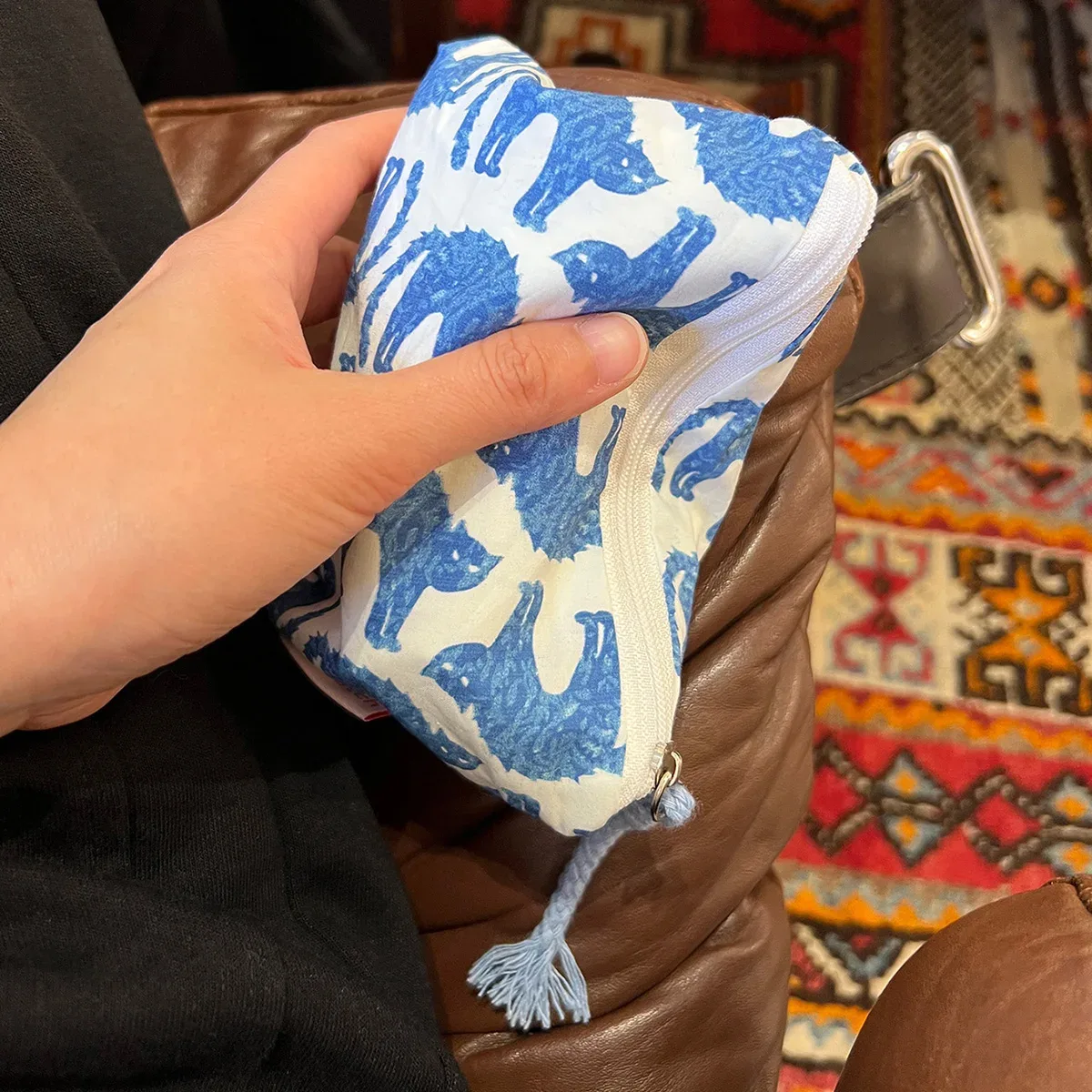 sac de maquillage graphique chat bleu, deux tons avec fermeture éclair, sac de maquillage imprimé de dessin animé, petit mini sac de rangement pour cosmétiques