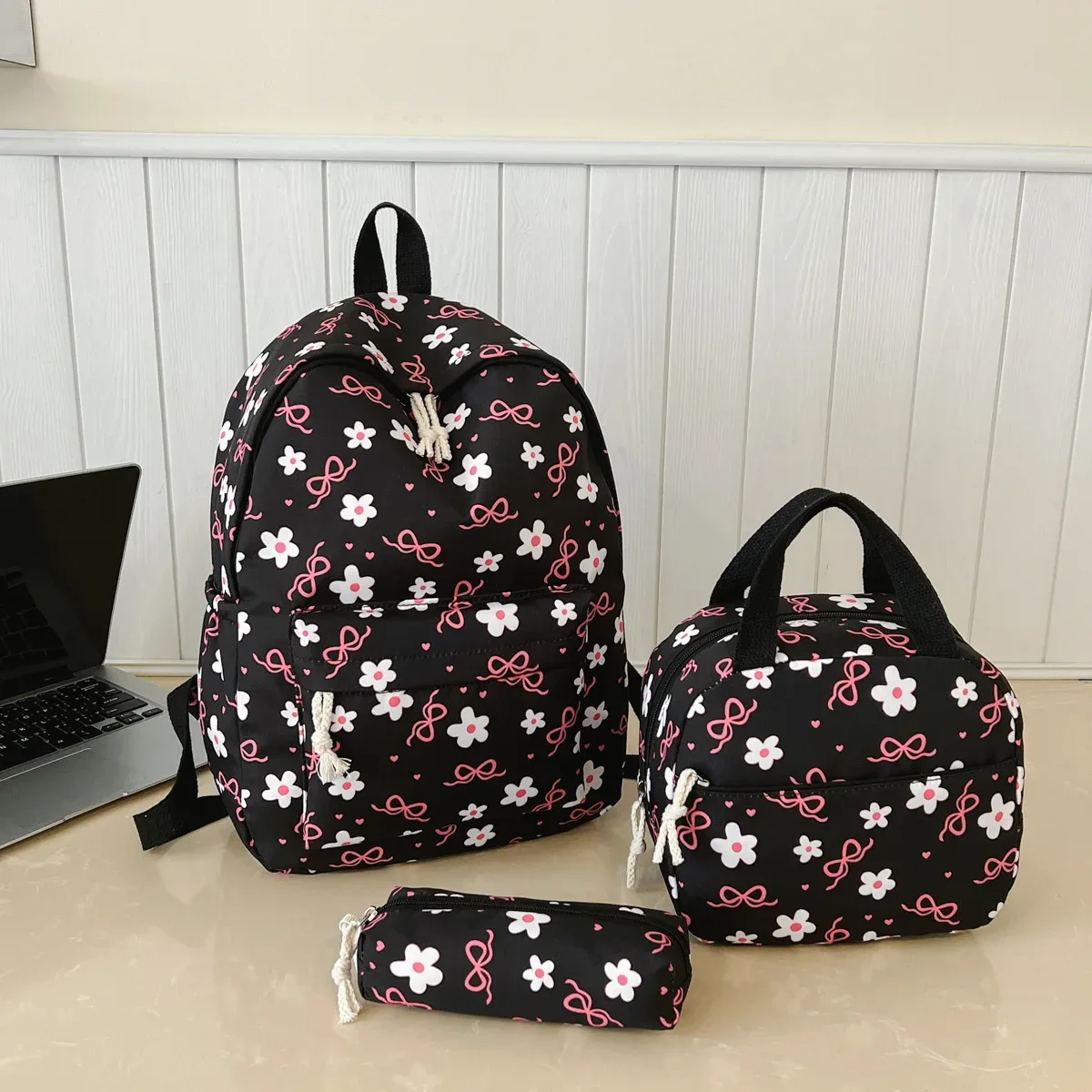 sac à dos imprimé fleurs avec nœud, léger et multifonctionnel, ensemble de trois pièces, pour étudiants et campus – collection high beauty sweet cool