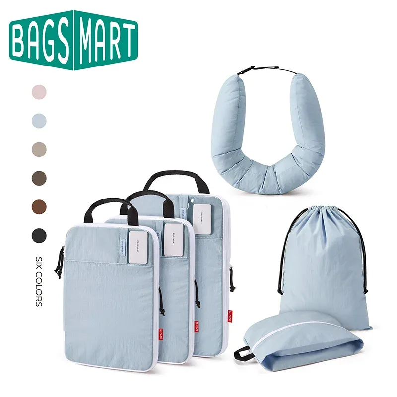 Cubes de compression BAGSMART avec oreiller de voyage, 6 pièces, sacs de rangement de voyage durables, résistants aux déchirures, en tissu lavable, avec fente pour carte