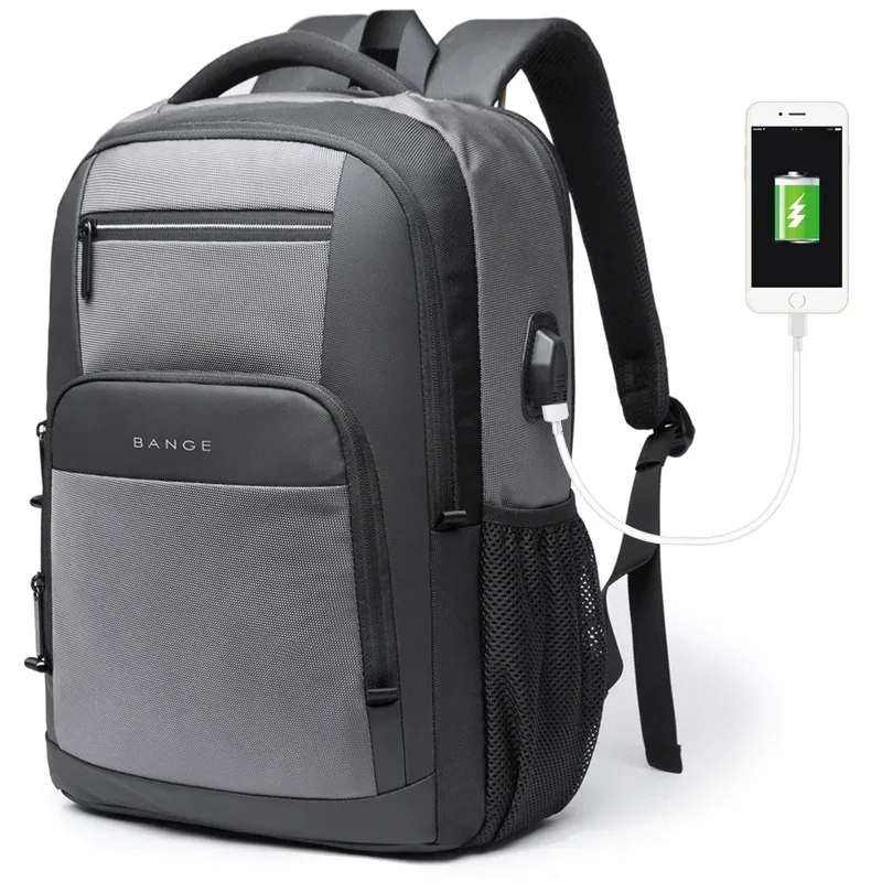 BANGE Sac à dos de voyage étanche avec port de chargement USB adapté aux sacs à dos d'ordinateur portable de 15,6 pouces pour hommes et femmes, sacs d'école pour adolescents